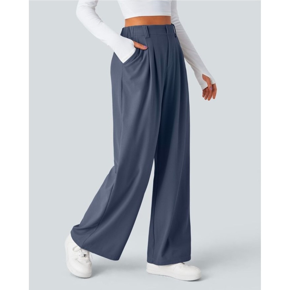 Halara Flex High Waisted Pocket Wide Leg Waffle Work Pants Blue Size Large NWT